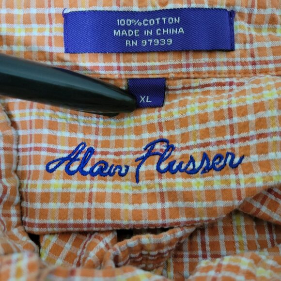 Alan Flusser Button Front Shirt Mens Size XL Orange Striped Short Sleeve Cotton - Picture 4 of 4